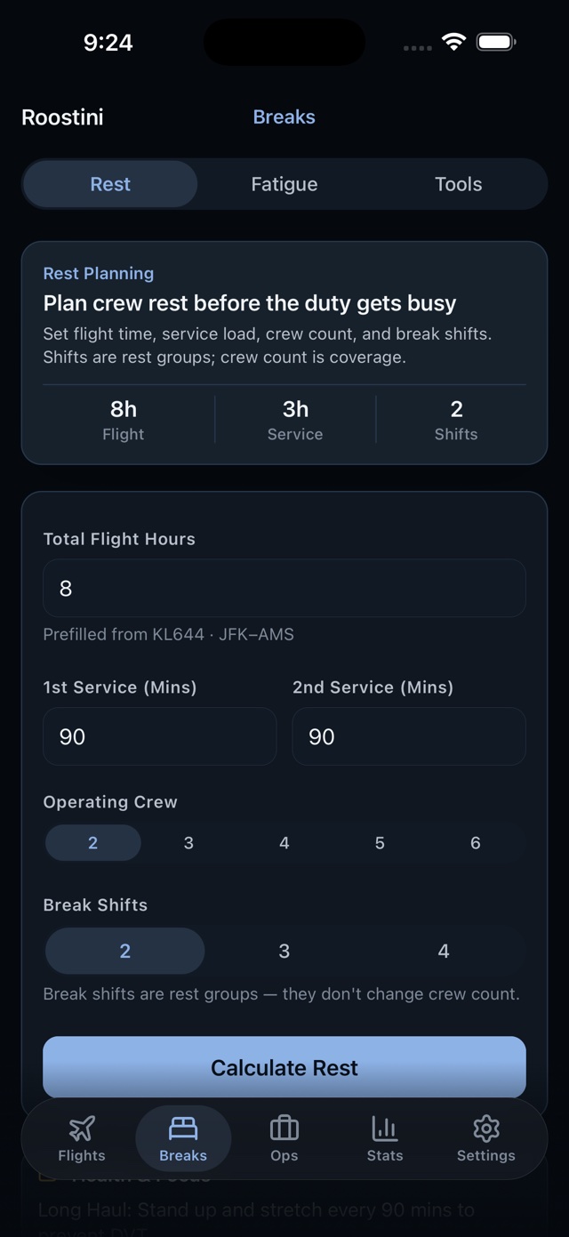 Roostini Rest Planning screen with an eight-hour KL644 flight, service times, operating crew, and two break shifts ready to calculate.