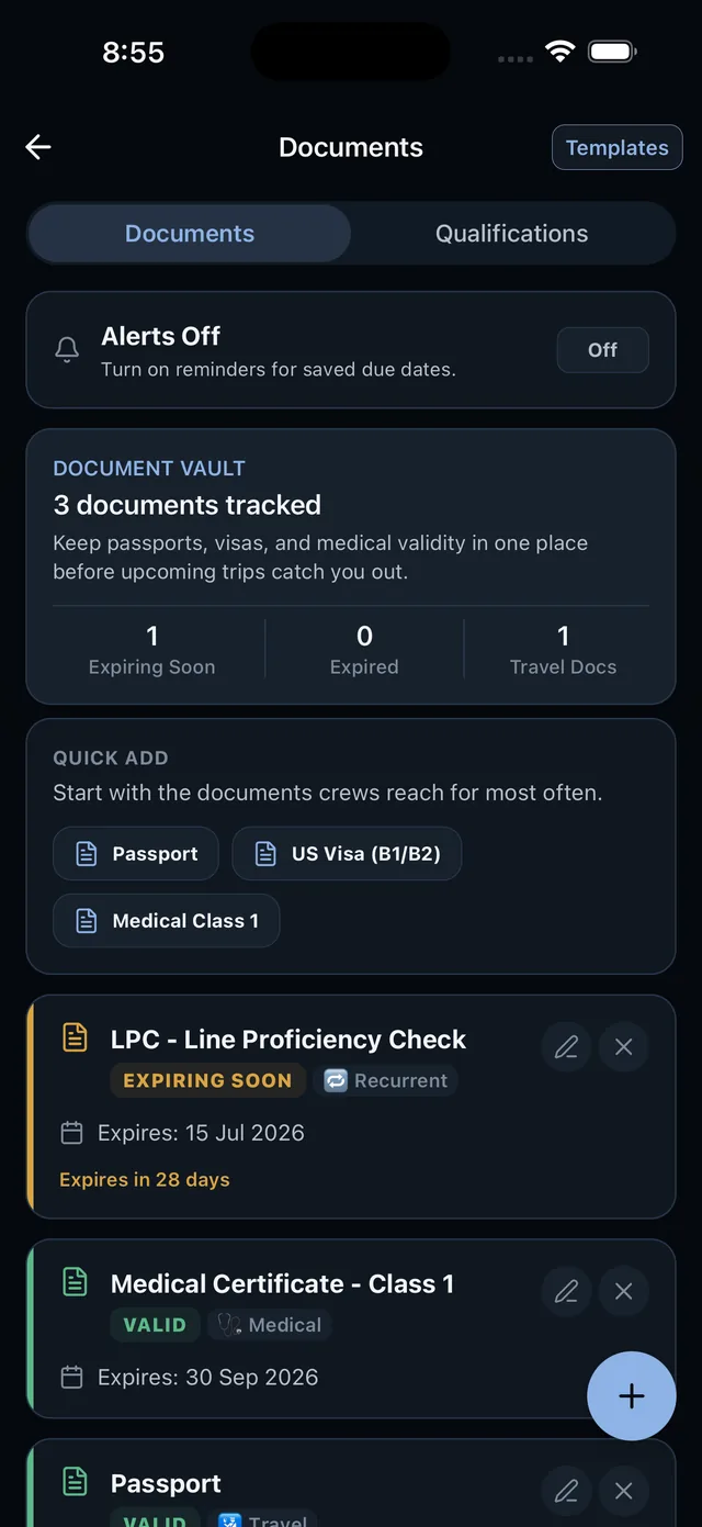 Documents vault screen tracking passport, visa, medical, and licence validity with expiring-soon reminders.
