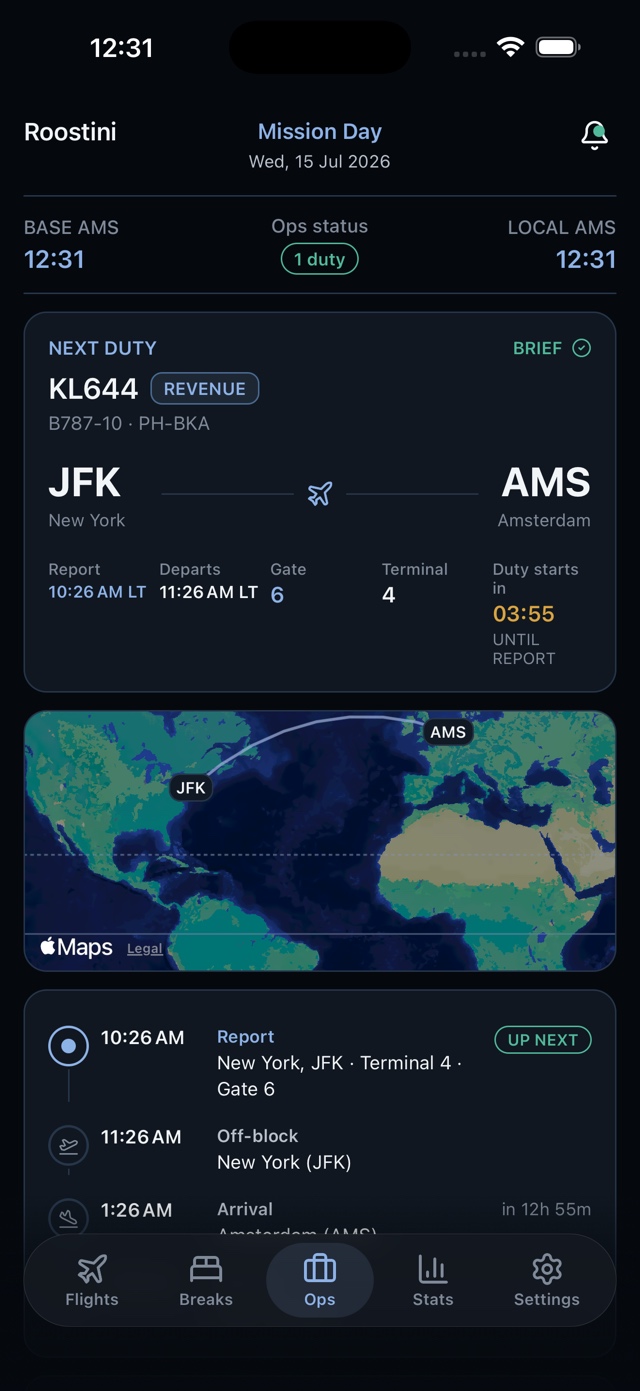 Roostini Mission Day screen for KL644 from New York JFK to Amsterdam, showing report and departure times, gate 6, terminal 4, countdown, route map, and duty timeline.